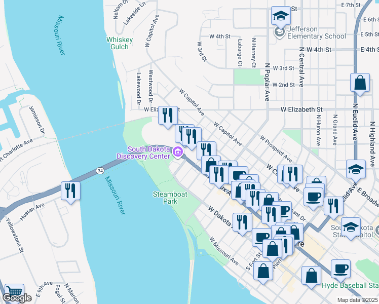 map of restaurants, bars, coffee shops, grocery stores, and more near 806 West Sioux Avenue in Pierre