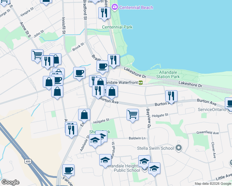 map of restaurants, bars, coffee shops, grocery stores, and more near in Barrie
