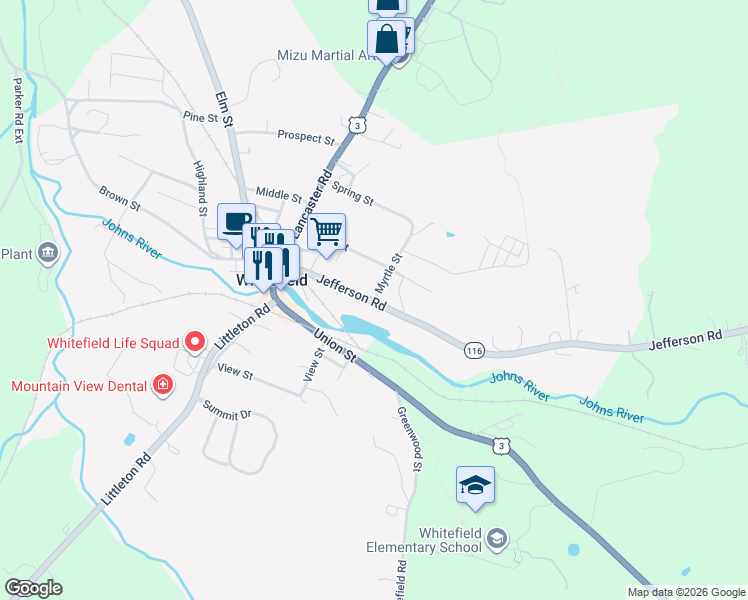 map of restaurants, bars, coffee shops, grocery stores, and more near 14 Myrtle Street in Whitefield