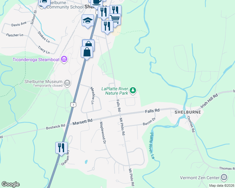 map of restaurants, bars, coffee shops, grocery stores, and more near 544 Falls Road in Shelburne