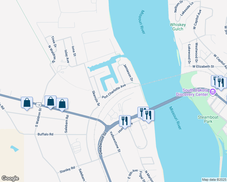 map of restaurants, bars, coffee shops, grocery stores, and more near Charlotte Avenue in Fort Pierre