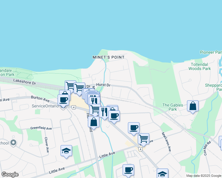 map of restaurants, bars, coffee shops, grocery stores, and more near 203 Southview Road in Barrie