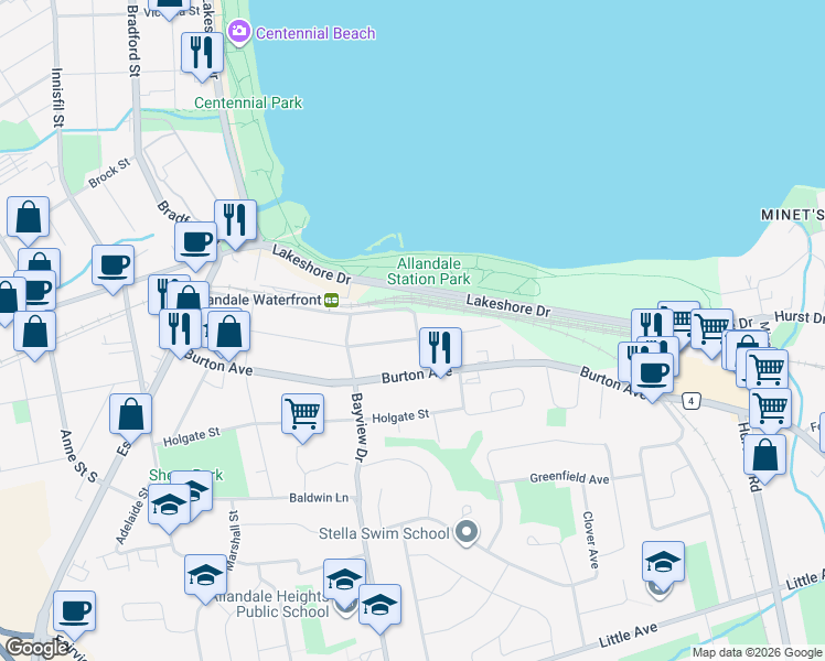 map of restaurants, bars, coffee shops, grocery stores, and more near 121 Cumberland Street in Barrie