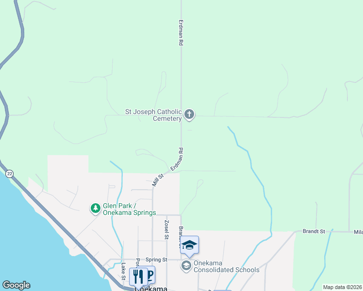 map of restaurants, bars, coffee shops, grocery stores, and more near 8859 Erdman Road in Onekama