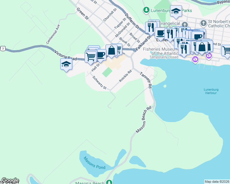 map of restaurants, bars, coffee shops, grocery stores, and more near 85 Knickle Road in Lunenburg
