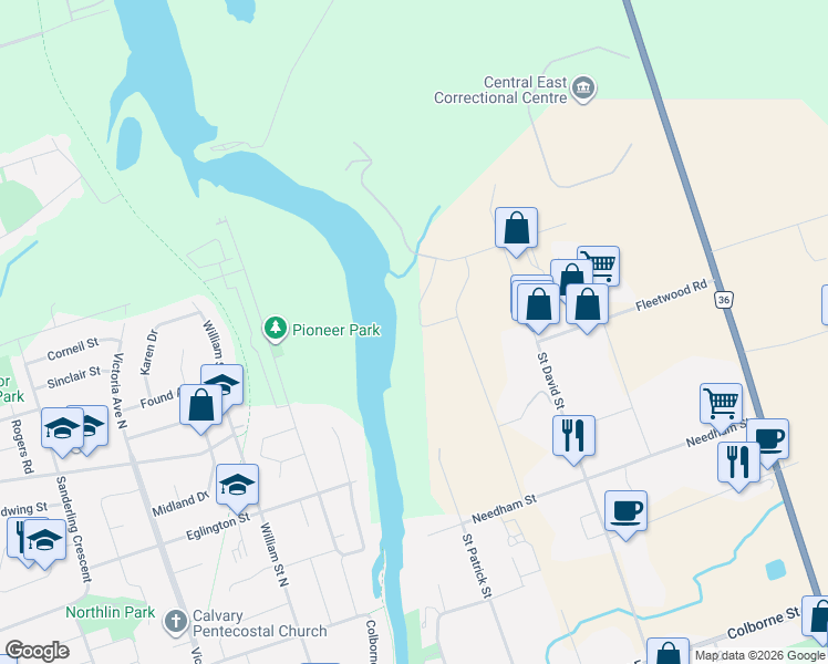 map of restaurants, bars, coffee shops, grocery stores, and more near 12 Barron Boulevard in Kawartha Lakes