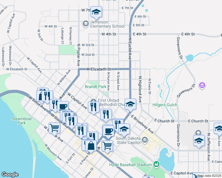 map of restaurants, bars, coffee shops, grocery stores, and more near West Broadway Avenue in Pierre