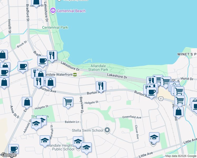 map of restaurants, bars, coffee shops, grocery stores, and more near 12 Alderwood Lane in Barrie
