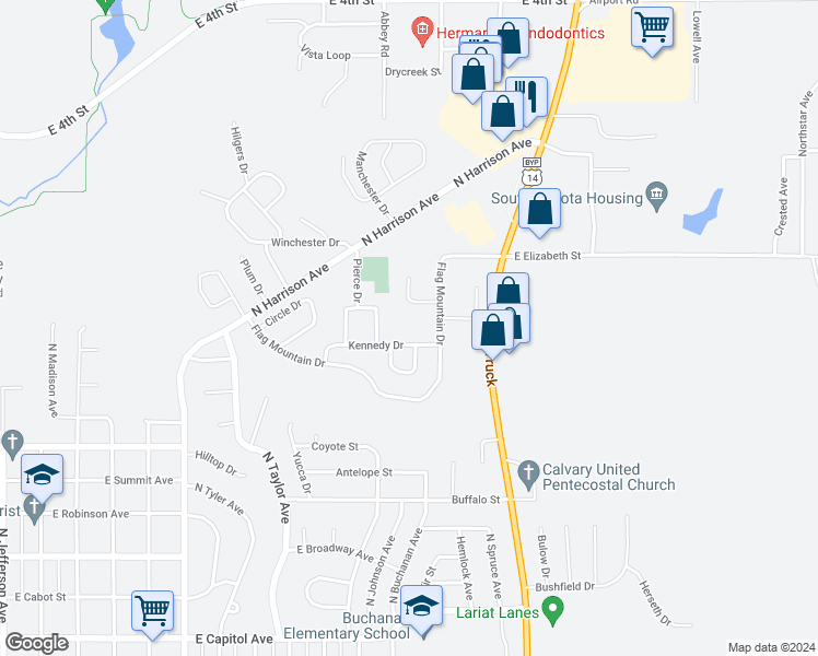 map of restaurants, bars, coffee shops, grocery stores, and more near 753 Kennedy Loop in Pierre