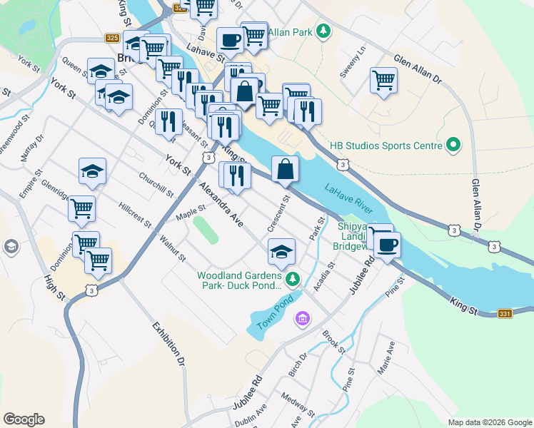 map of restaurants, bars, coffee shops, grocery stores, and more near 30 Cornwallis Street in Bridgewater