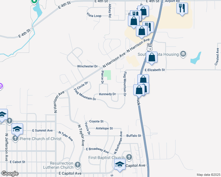 map of restaurants, bars, coffee shops, grocery stores, and more near 753 Kennedy Loop in Pierre