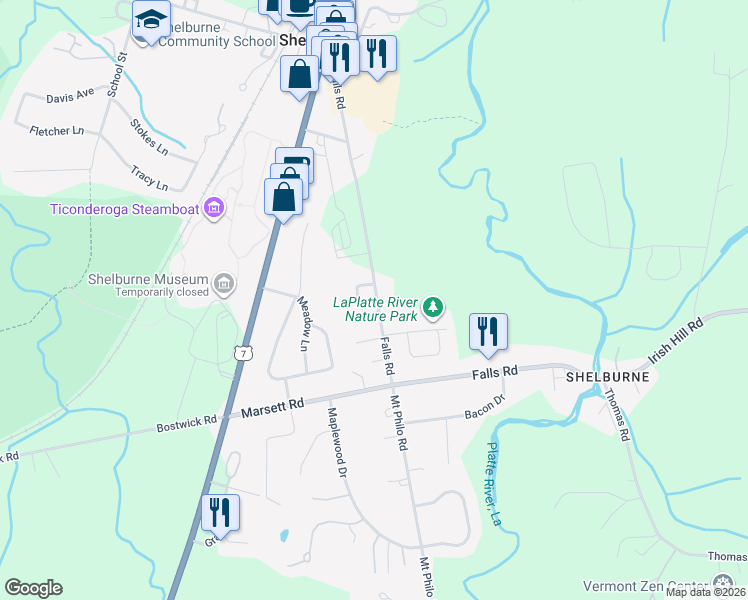 map of restaurants, bars, coffee shops, grocery stores, and more near 544 Falls Road in Shelburne