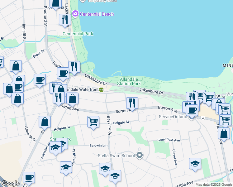 map of restaurants, bars, coffee shops, grocery stores, and more near in Barrie