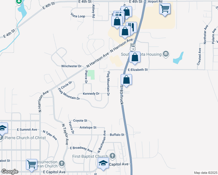 map of restaurants, bars, coffee shops, grocery stores, and more near 107 Village Drive in Pierre