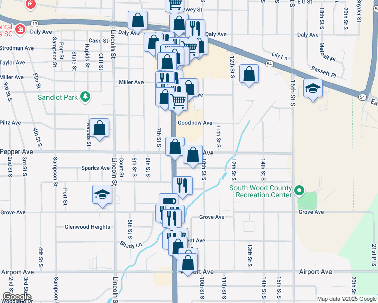 map of restaurants, bars, coffee shops, grocery stores, and more near 911 Pepper Avenue in Wisconsin Rapids