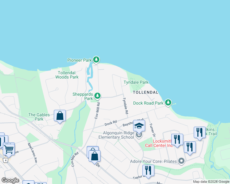 map of restaurants, bars, coffee shops, grocery stores, and more near 391 Tollendal Mill Road in Barrie