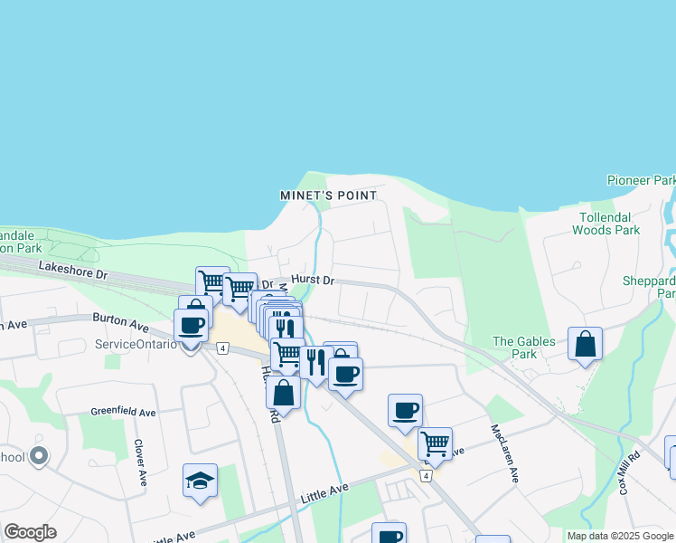 map of restaurants, bars, coffee shops, grocery stores, and more near 203 Southview Road in Barrie