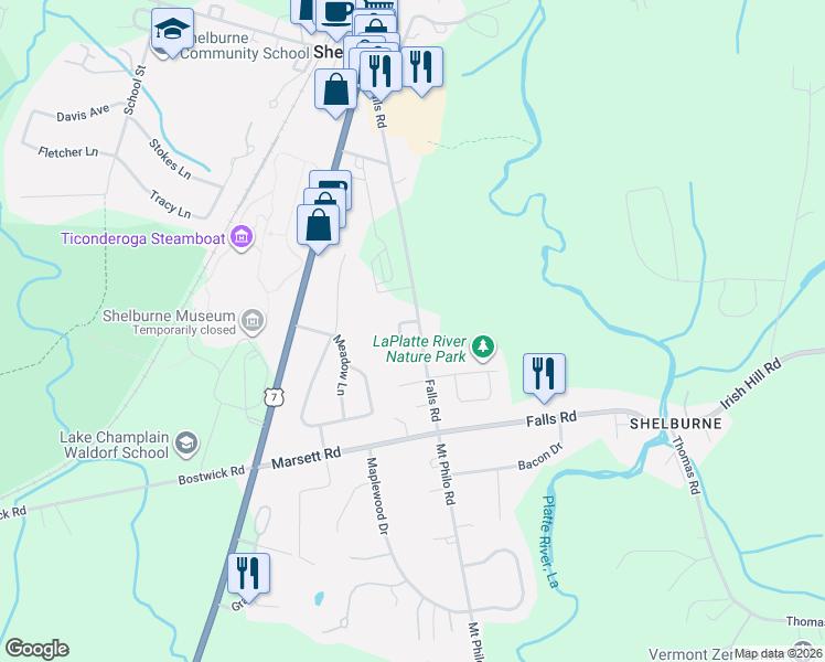 map of restaurants, bars, coffee shops, grocery stores, and more near 544 Falls Road in Shelburne