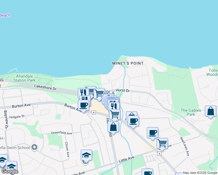 map of restaurants, bars, coffee shops, grocery stores, and more near 240 Minet's Point Road in Barrie
