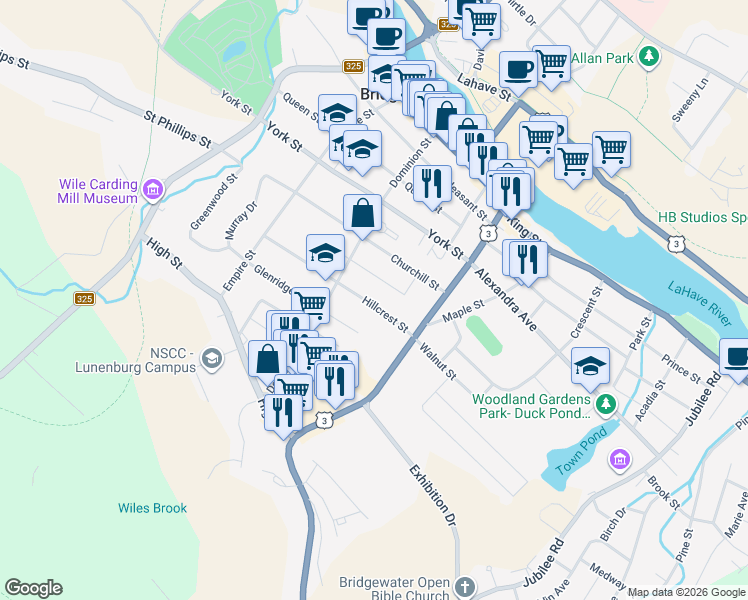 map of restaurants, bars, coffee shops, grocery stores, and more near 44 Hillcrest Street in Bridgewater