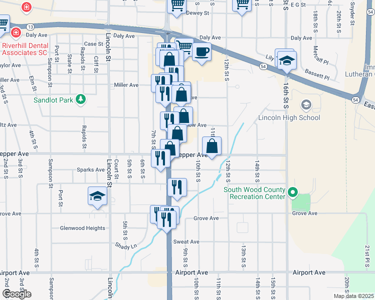 map of restaurants, bars, coffee shops, grocery stores, and more near 911 Pepper Avenue in Wisconsin Rapids