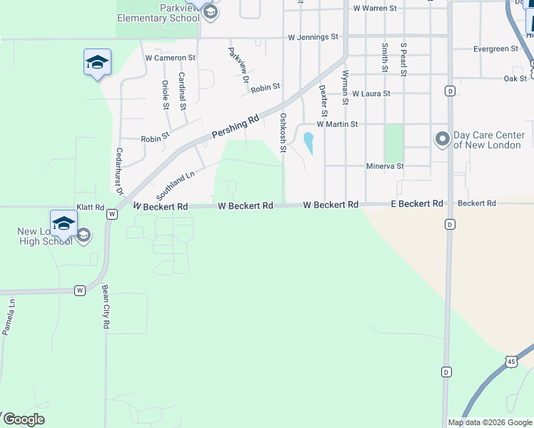 map of restaurants, bars, coffee shops, grocery stores, and more near E9495 West Beckert Road in New London