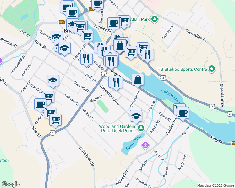 map of restaurants, bars, coffee shops, grocery stores, and more near 14 Scotia Street in Bridgewater
