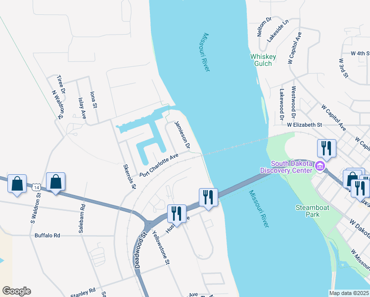 map of restaurants, bars, coffee shops, grocery stores, and more near 322 Jamieson Drive in Fort Pierre