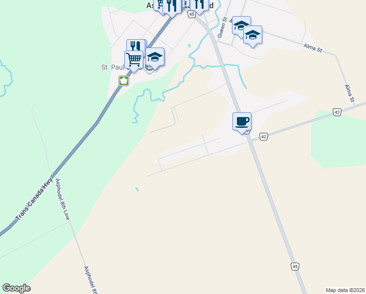 map of restaurants, bars, coffee shops, grocery stores, and more near 17 Maple Avenue in Asphodel-Norwood
