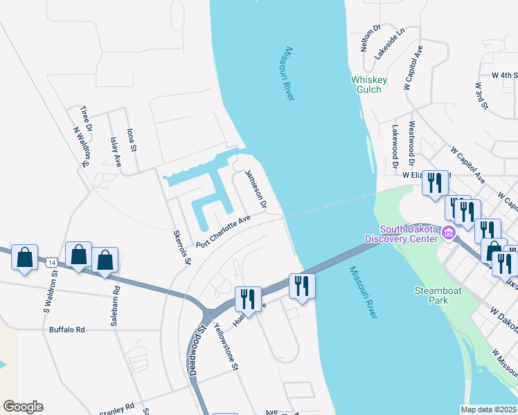 map of restaurants, bars, coffee shops, grocery stores, and more near Charlotte Ave in Fort Pierre