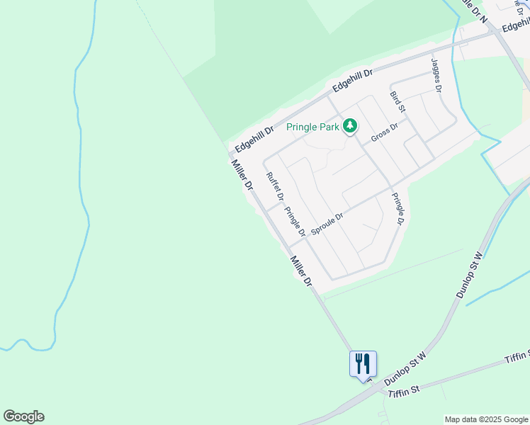 map of restaurants, bars, coffee shops, grocery stores, and more near Miller Drive in Barrie