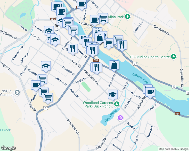 map of restaurants, bars, coffee shops, grocery stores, and more near 45 Maple Street in Bridgewater
