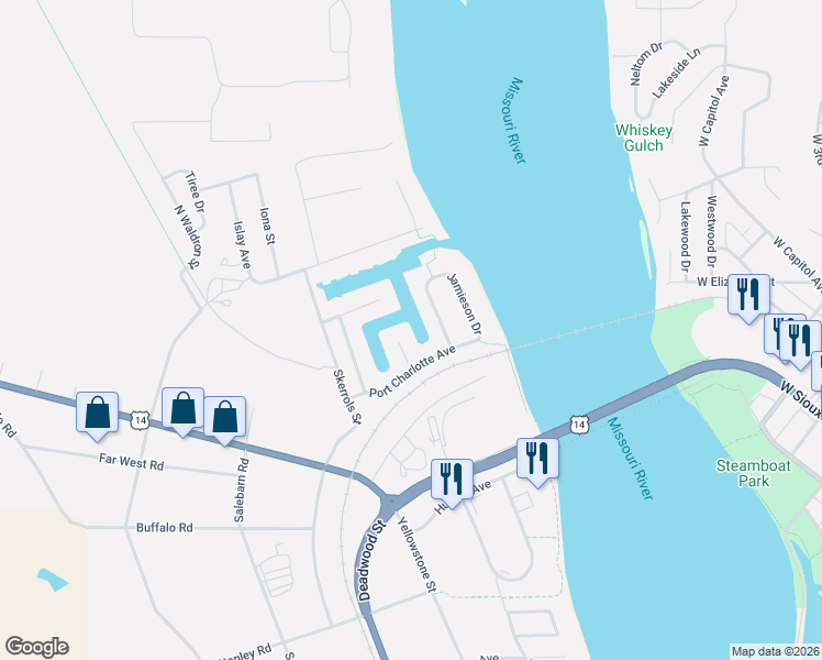 map of restaurants, bars, coffee shops, grocery stores, and more near Charlotte Ave in Fort Pierre