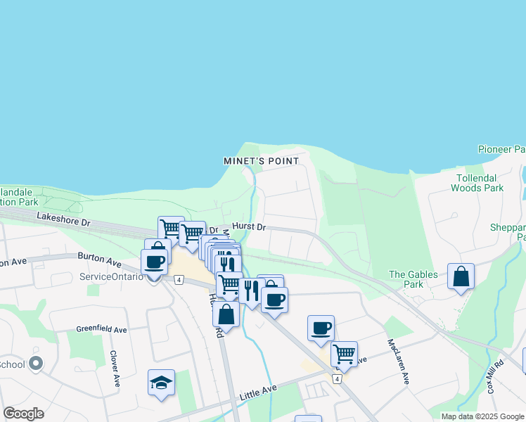 map of restaurants, bars, coffee shops, grocery stores, and more near 217 The Boulevard in Barrie