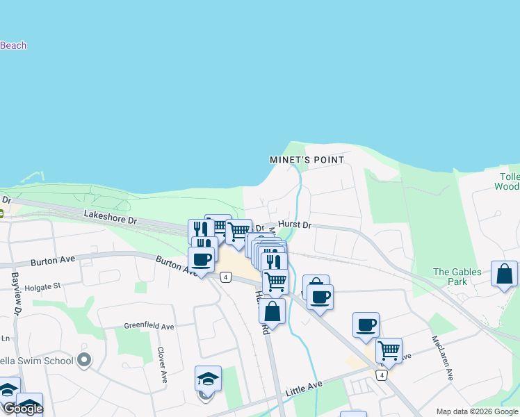 map of restaurants, bars, coffee shops, grocery stores, and more near 240 Minet's Point Road in Barrie
