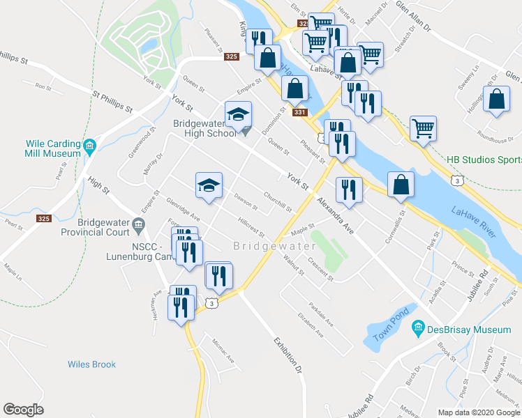 map of restaurants, bars, coffee shops, grocery stores, and more near 10 Dawson Street in Bridgewater