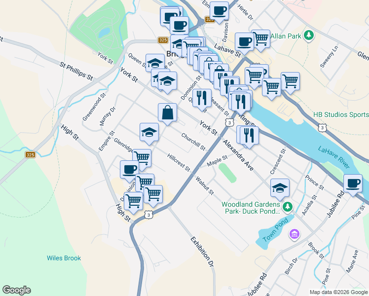 map of restaurants, bars, coffee shops, grocery stores, and more near 10 Dawson Street in Bridgewater