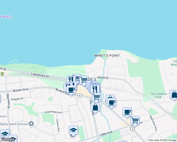 map of restaurants, bars, coffee shops, grocery stores, and more near 4 White Oaks Road in Barrie