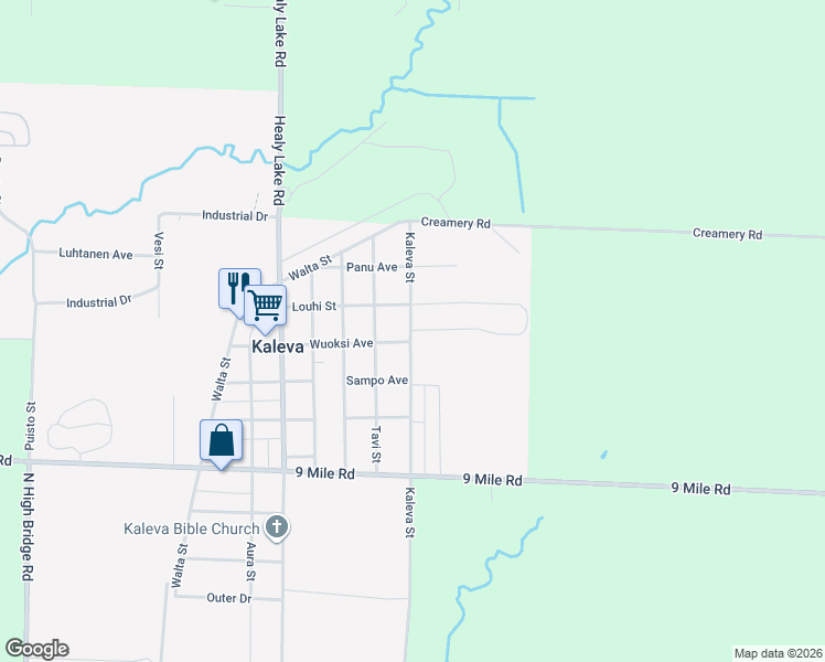 map of restaurants, bars, coffee shops, grocery stores, and more near 14293 Bergstrom Drive in Kaleva