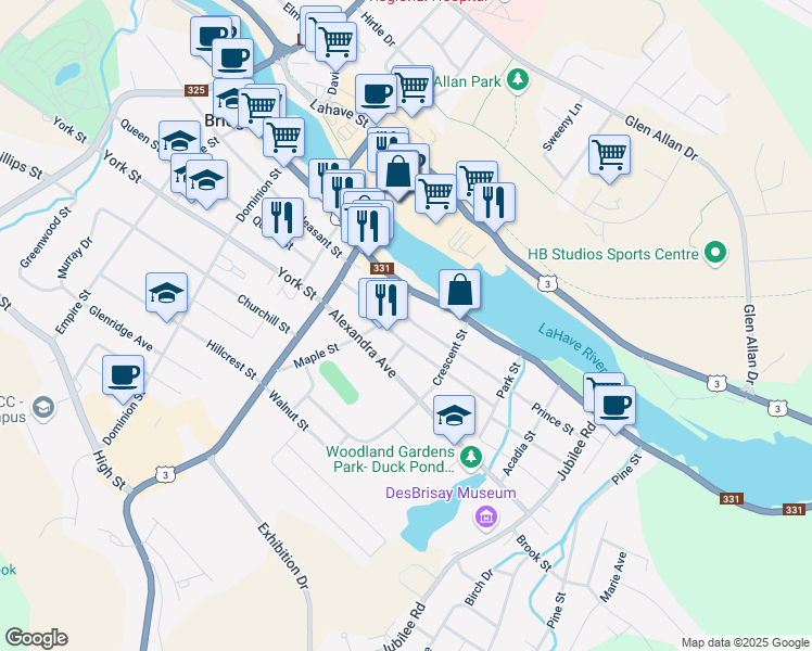 map of restaurants, bars, coffee shops, grocery stores, and more near 12 Prince Street in Bridgewater
