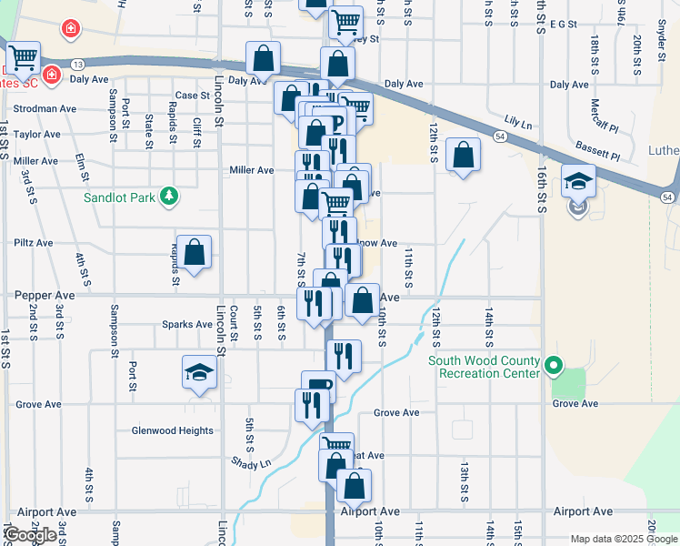 map of restaurants, bars, coffee shops, grocery stores, and more near 2201-2211 8th Street South in Wisconsin Rapids