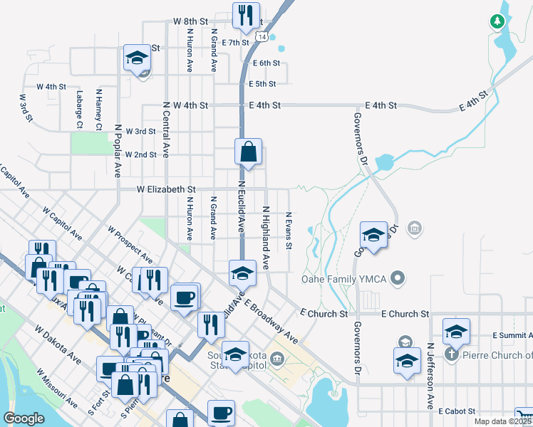 map of restaurants, bars, coffee shops, grocery stores, and more near North Highland Avenue in Pierre