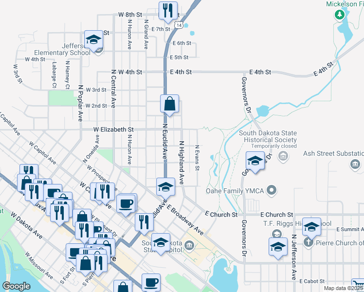 map of restaurants, bars, coffee shops, grocery stores, and more near North Highland Avenue in Pierre