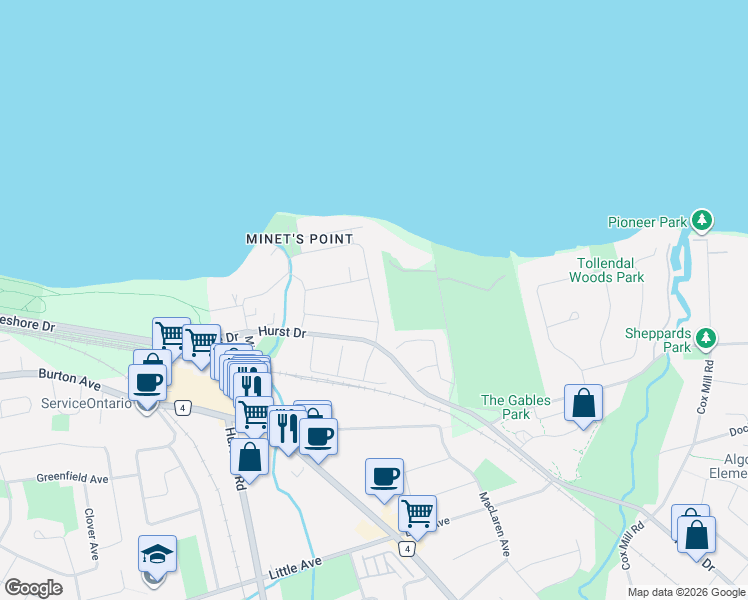 map of restaurants, bars, coffee shops, grocery stores, and more near Brennan Avenue in Barrie