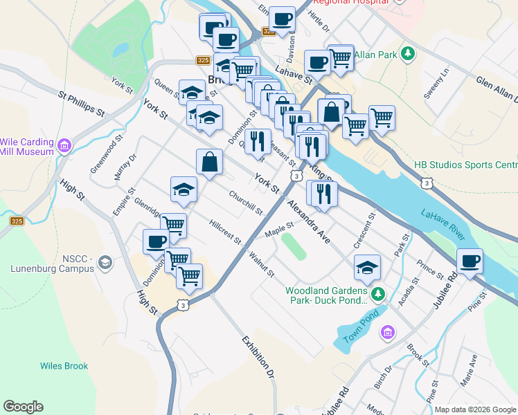 map of restaurants, bars, coffee shops, grocery stores, and more near 18 Churchill Street in Bridgewater