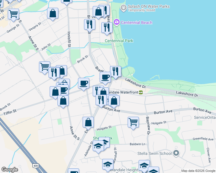 map of restaurants, bars, coffee shops, grocery stores, and more near 21 Essa Road in Barrie