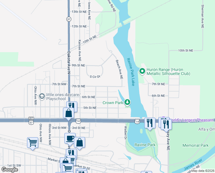 map of restaurants, bars, coffee shops, grocery stores, and more near 399 7th St NE in Huron