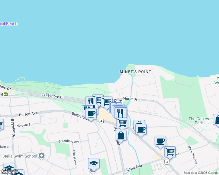 map of restaurants, bars, coffee shops, grocery stores, and more near 4 White Oaks Road in Barrie