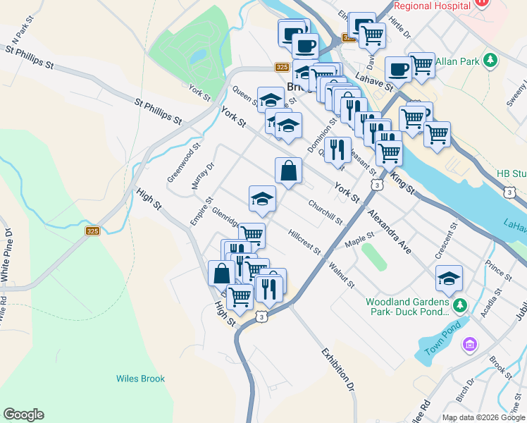 map of restaurants, bars, coffee shops, grocery stores, and more near 88 Hillcrest Street in Bridgewater