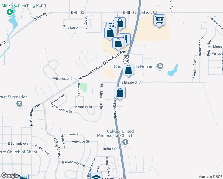 map of restaurants, bars, coffee shops, grocery stores, and more near 1011 North Garfield Avenue in Pierre